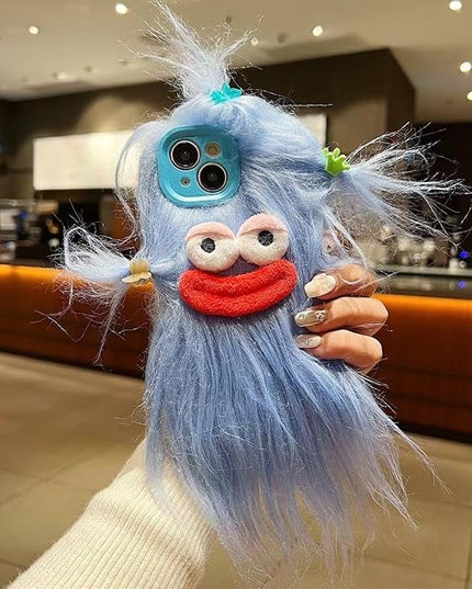 for iPhone 17 Pro Max Case,Funny and Silly Weird Furry Phone Cases [DIY Long Hair with Hairclip] Ugly Phone Case Swap Challenge Gifts with Friends (Blue)