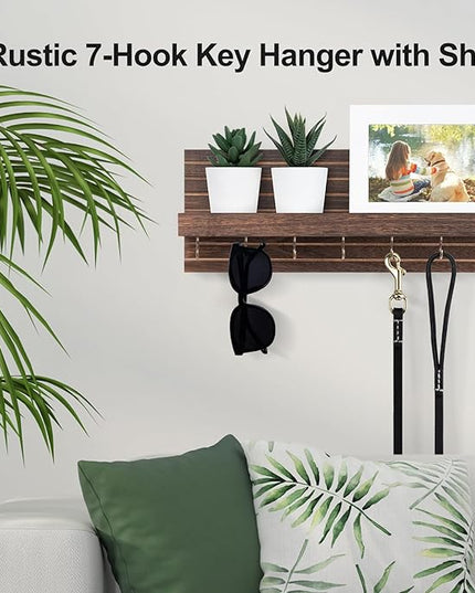 Lwenki Decorative Key Holder for Wall with Shelf, Entryway Shelf with Hooks Holds Leashes, Jackets and Glasses – Sturdy Wood Keyholder Entrance Hanger with Mounting Hardware (Brown, Large)