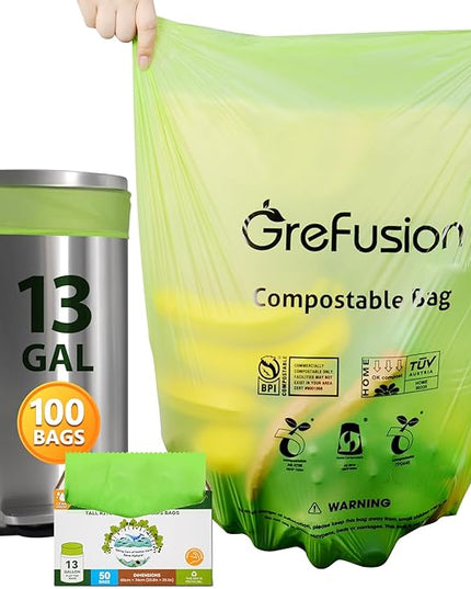 Compostable Bags,Trash bags 13+ gallon tall kitchen, Compostable Trash Lawn & Leaf Yard Waste Bags,Kitchen Compost Trash Bin Compatible,Extra Thick1.01 Mills,Certified by BPI and OK Compost