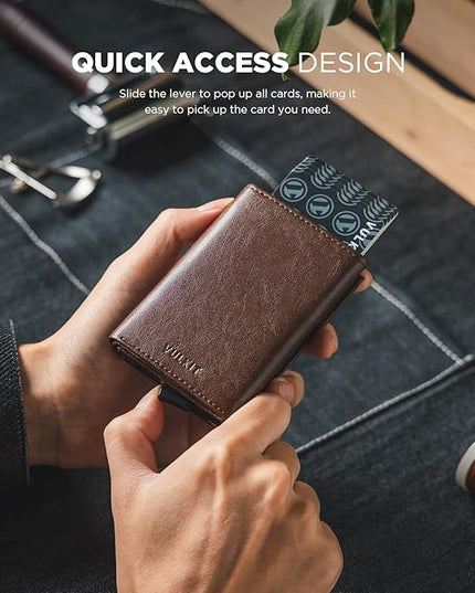 VULKIT Pop up Card Wallet Minimalist Cash Wallets RFID Blocking Leather Smart Credit Card Holder with ID window for Men (Espresso)