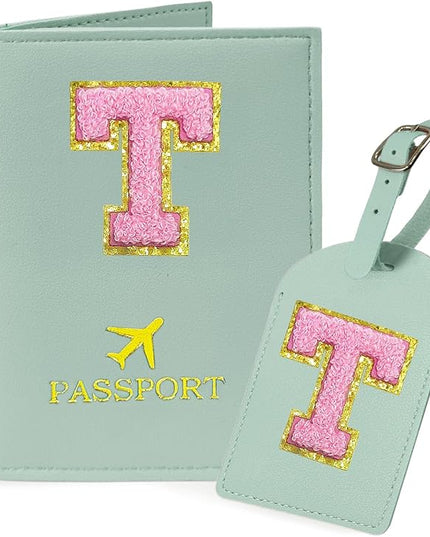 COSHAYSOO Initial Passport Cover Luggage Tag Set Letter Passport Holder Airplane Cruise Travel Essentials Vacation Traveling Accessories Personalized Gifts for Women Teen College Girls Teal T