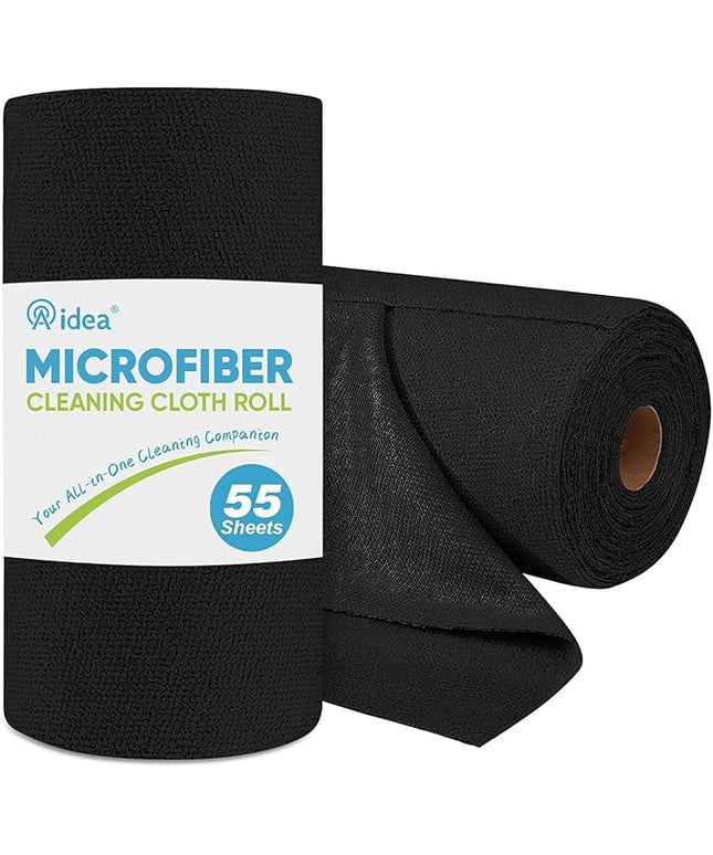 AIDEA Microfiber Cleaning Cloth Roll 55 Sheets, Black Microfiber Towels for Cars, Shop Rags Washable, Cleaning Rags Reusable Paper Towels for Automotive, Workshops, House, Cleaning Supplies 11×9"