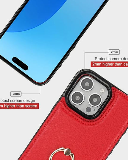 Folosu Compatible with iPhone 16 Pro Max Case Wallet with Card Holder, 360°Rotation Finger Ring Holder Kickstand, RFID Blocking Leather Protective Double Buttons Shockproof Cover 6.9 Inch Red