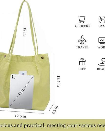 Corduroy Tote Bag Cute Tote Bags for Women Shoulder Bag with Inner Pocket for Work Beach Travel and Shopping Grocery