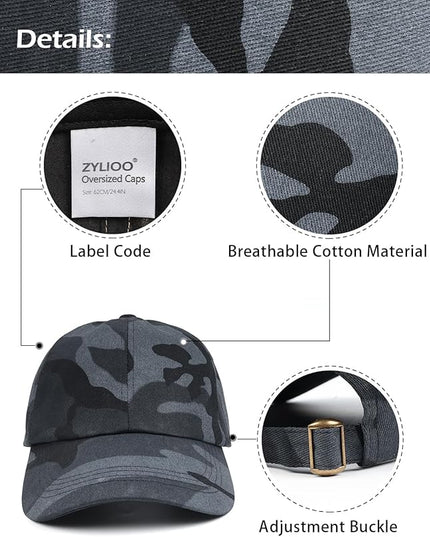 Zylioo XL XXL Oversize Baseball Cap, 100% Cotton Adjustable Dad Hat for Big Heads 23.5"-25.5", Soft Crown Large Size Cap