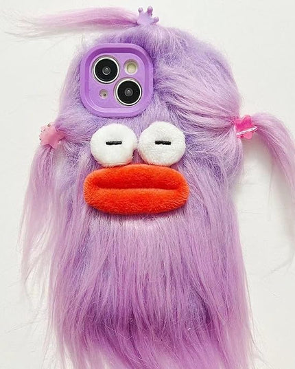 for iPhone 15 Pro Case Weird Furry Phone Cases Purple | Funny and Silly, DIY Long Hair with Hairclip, Ugly Phone Case, Swap Challenge Gifts with Friends