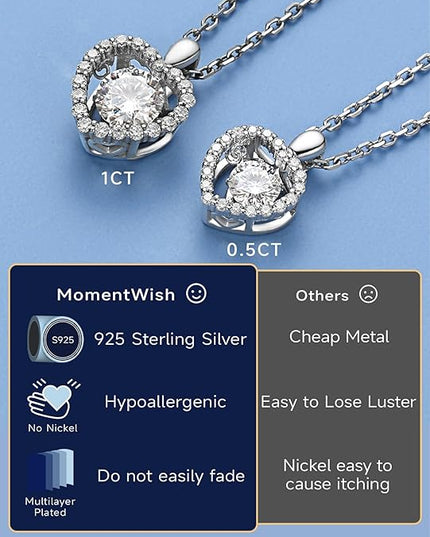 MomentWish Necklace for Women, Sparkling Gift for Her, 1Carat Moissanite Heart Pendent for Her, 925 Sterling Silver Dance Necklace for Anniversary Christmas Valentines