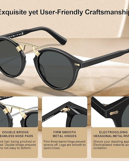 CARFIA Small Face Acetate Polarized Sunglasses for Women UV Protection, Retro Double Bridge Eyewears Metal Brow Round Sunnies