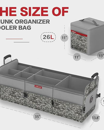 LIBZAKI Car Trunk Organizer,3 Compartments Big Trunk Storage, Large Capacity, Foldable, 95L Heavy Duty Storage Box for Car, SUV, Truck,Jeep, Includes 26L Cooler Bag -Gray Camouflage