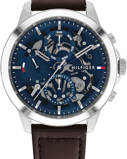 Tommy Hilfiger Men's Dressy Watch – Quartz Multifunction, Stainless Steel Case, Skeleton Dial, Link Bracelet – Gift for Him