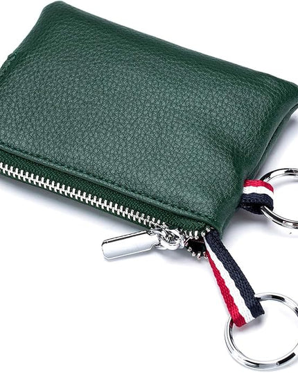 Plinvo Mini Genuine Leather Wallet Coin Purse with Dual Keyrings Compact Change Pouch and Card Holder for Men and Women (Dark green)