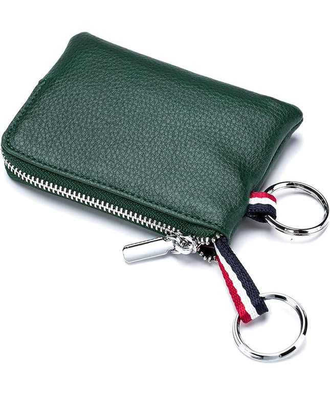 Plinvo Mini Genuine Leather Wallet Coin Purse with Dual Keyrings Compact Change Pouch and Card Holder for Men and Women (Dark green)