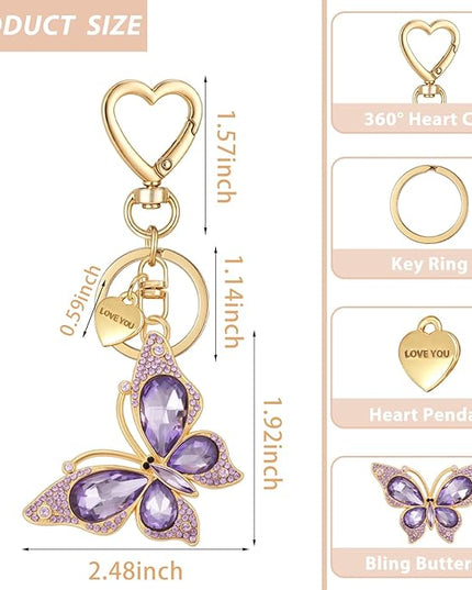 XGALBLA Cute Bling Crystals Rhinestone Butterfly KeyChain with Heart Pendant, Lovely Bag Charms for Handbags Purse Accessory