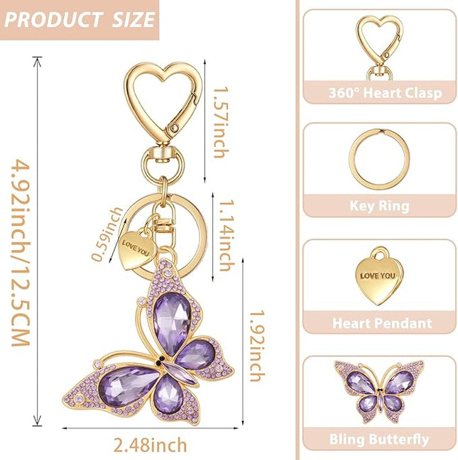 XGALBLA Cute Bling Crystals Rhinestone Butterfly KeyChain with Heart Pendant, Lovely Bag Charms for Handbags Purse Accessory