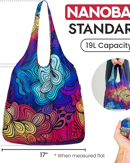 Nanobag Ultralight Foldable Tote for Women & Men, Reusable Grocery & Travel Bag, Packable Collapsible Compact Market Essential (Standard Neon Flowers)