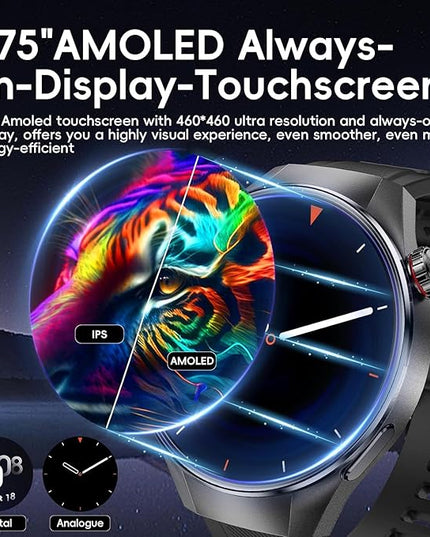 Military Grade Tactical Smart Watch for Men,1.75" Large Crystal Clear HD AMOLED Touchscreen Smartwatches for Android iOS,Fitness Tracker with 110+Sport Modes/Heart Rate/Sleep Monitor (Black)