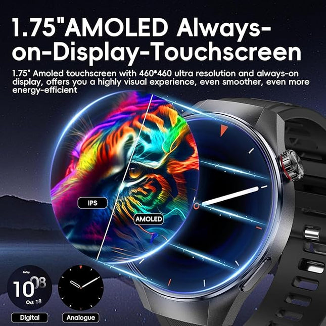 Military Grade Tactical Smart Watch for Men,1.75" Large Crystal Clear HD AMOLED Touchscreen Smartwatches for Android iOS,Fitness Tracker with 110+Sport Modes/Heart Rate/Sleep Monitor (Black)