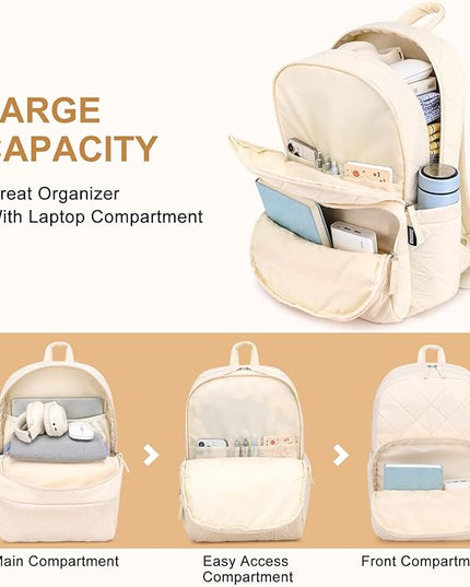 College Laptop Backpack for Women, School Backpack for Girls, Quilted Casual Daypack, Water-Resistant Bookbag for 15.6 Inch Laptop, Beige