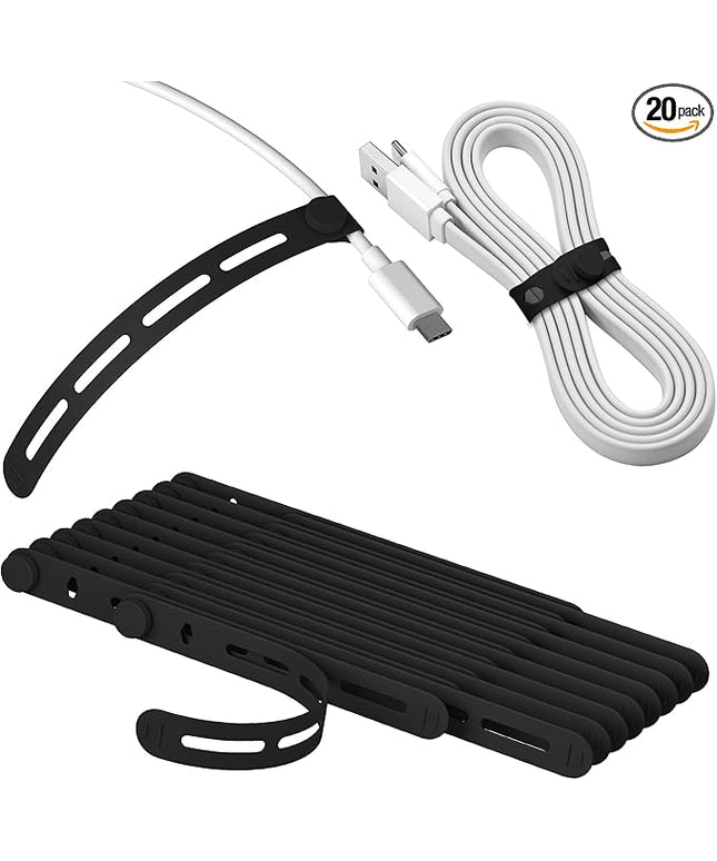 20Pcs Nearockle Silicone Cable Ties, 5.12 Inch Adjustable Cord Organizer Reusable Zip Ties for Charging Cords Earphone Computer Wire, Office Desk Cable Management Travel Accessories(Black)
