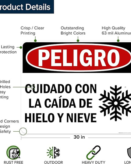Danger Watch for Falling Ice and Snow Bilingual Sign, 24x30 Inches, Rust Free .063 Aluminum, Fade Resistant, Made in USA by My Sign Center