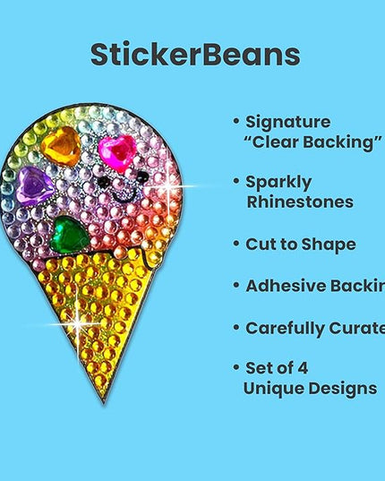 StickerBeans® Rhinestone Stickers - Care Bear II Collection 4-Pack, 2” x 2” Each, Unique Sparkly Cut-to-Shape for Collecting, Trading, Decorating Laptops, Scrapbooks for Kids, Teens, &n Adults
