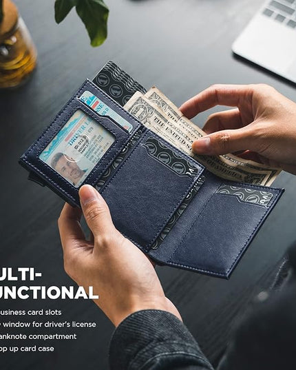 VULKIT Pop up Card Wallet Minimalist Cash Wallets RFID Blocking Leather Smart Credit Card Holder with ID window for Men(Navy)