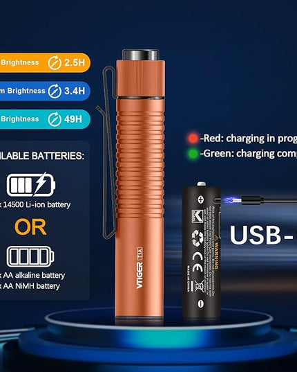 VTIGER T1A Mini Pocket EDC Flashlight with Clip,1300 Lumen Compact AA Rechargeable LED Little Flashlights, Super Bright Tail Switch Small Flash Light with Magnet for Camping,Hiking,Outdoor,Emergency