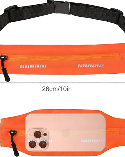 Slim Running Belt For Men and Women Waist Fanny Pack Phone Holder Pouch Bag Reflective Zipper Pocket Workout Cycling Fitness Orange