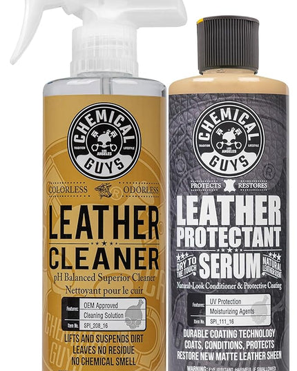 Chemical Guys Leather Cleaner & Leather Serum Kit for Car Interiors, Furniture, Apparel, Shoes, Boots, and More (Works on Natural, Synthetic, Pleather, Faux Leather and More), 16 fl oz - 2 Items
