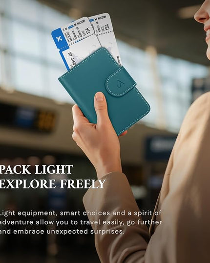 ALLIVE Rfid Passport Holder for Travel Women & Men, Passport Cover Wallet with AirTag Hidden, Genuine Leather Passport Holder Essential for Business Travel, Airport Security (Lake Blue)