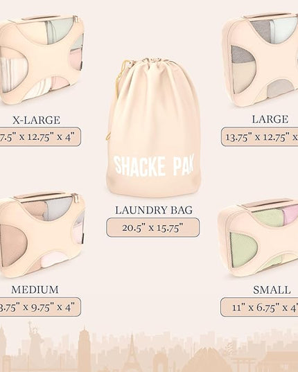 Shacke Premium 5 Packing Cubes Set - Lightweight Mesh Travel Luggage Organizers with Laundry Bag, 5-Piece Suitcase Storage System (Cream)
