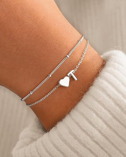 M MOOHAM Valentines Day Gifts for Kids Teen Girls -14K-Gold-Plated Heart Initial A-Z Bracelets for Women Girl Dainty Gold Bracelets Birthday Valentines Gifts for Women Her Teenage Girls Kid Teen Gift