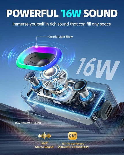 Bluetooth Speaker & Valentines Day Gifts for Him: Portable Wireless, IPX6 Waterproof, 16W HD Sound, 24H Playtime, TWS Pairing, LED Lights, for Home/Outdoors/Beach, Birthday Gifts for Men/Women, Black