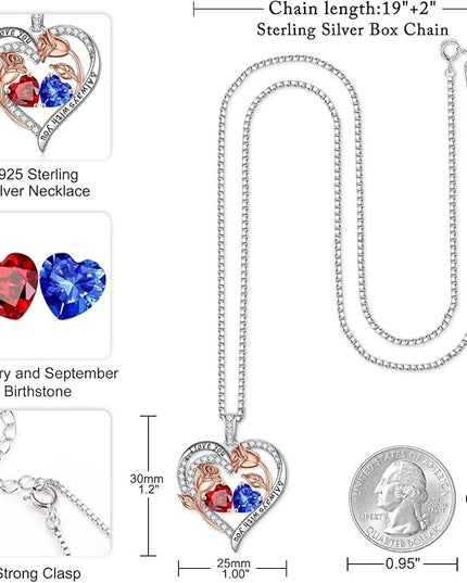 Iefil Christmas Gifts for Women Wife - 925 Sterling Silver Rose Heart Birthstone Necklace Birthday Anniversary Jewelry Gifts for Her Wife Mom Daughter