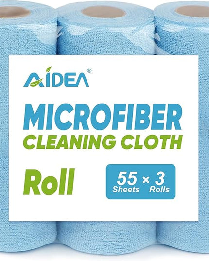 AIDEA Microfiber Cleaning Cloth 165 Sheets 3 Roll, Microfiber Towels for Cars, Blue Shop Towels, Shop Rags Washable, Cleaning Rags Reusable Paper Towels for Automotive, Workshops, House,11×9"