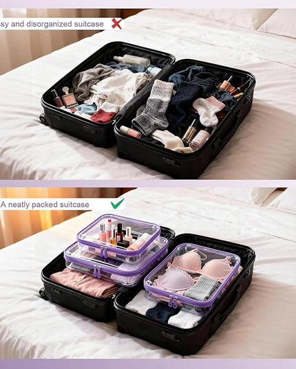 5 Pack Clear Hard Shell Zipper Pouches, TSA Friendly Transparent Design for Toiletries & Electronics, Crush-Resistant Storage for Carry-On Travel (Purple)