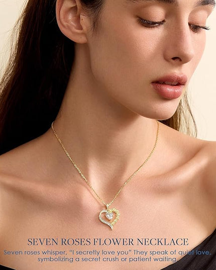 Beam & Bask 2-3 Carat Moissanite Rose Flower Heart Necklace for Her, Sterling Silver Plated with 18K Gold, Birthday, Wedding, Anniversary Pendant Jewelry for Girlfriend, Wife, Bride, Soulmate