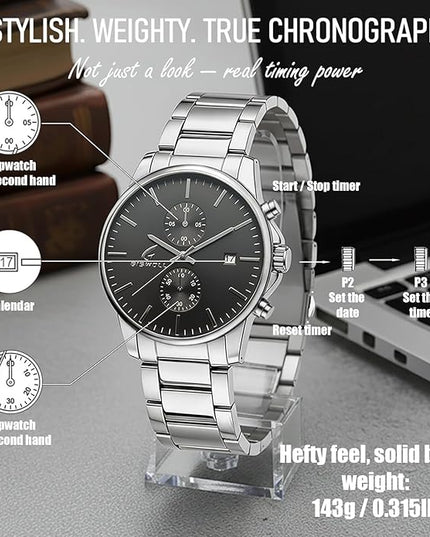 Stylish Stainless Steel Chronograph Watches for Men with a Hefty, Solid-Build Feel — Waterproof Quartz Mens Watches with Auto Date & Second Subdials, Valentines Day Gifts for Him, Boyfriend, Husband, Dad