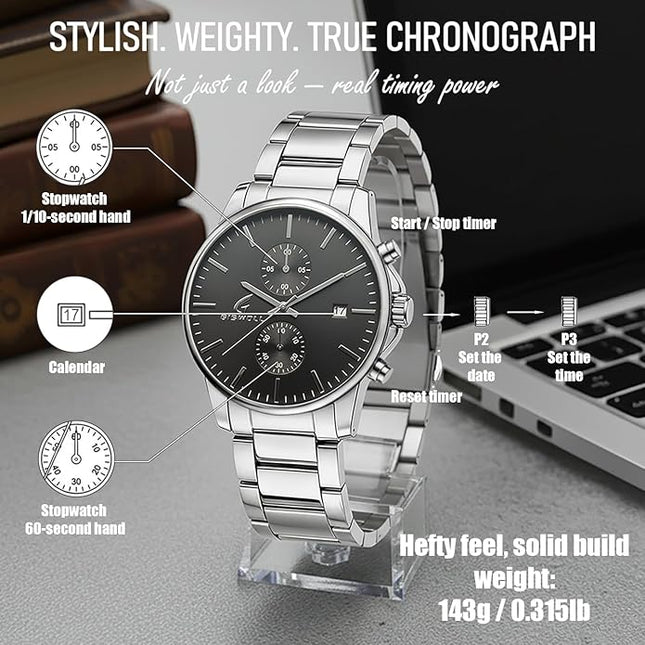 Stylish Stainless Steel Chronograph Watches for Men with a Hefty, Solid-Build Feel — Waterproof Quartz Mens Watches with Auto Date & Second Subdials, Valentines Day Gifts for Him, Boyfriend, Husband, Dad