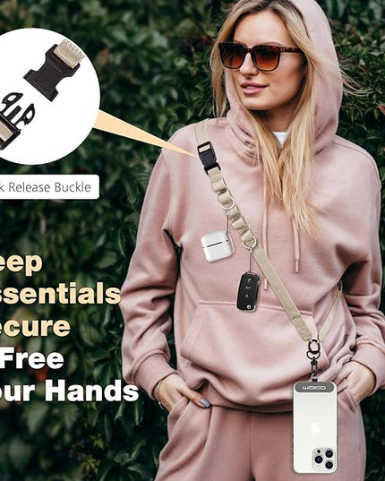 MoKo Universal Phone Lanyard, Nylon Adjustable Cell Phone Crossbody Strap Detachable Women & Men Cellphone Lanyards Around the Neck with Patches for iPhone, Most Smartphones, Light Khaki