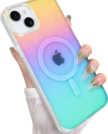 Glitter Case for iPhone 14 Plus & iPhone 15 Plus Case for Women Girls [ Compatible with Magsafe ] Clear Cute Girly Iridescent Rainbow Sparkly Bling Magnetic Phone Cover, Gradient Blue & Pink