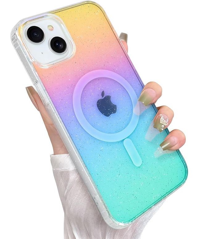 Glitter Case for iPhone 15 Case for Women Girls [ Compatible with Magsafe ] Clear Cute Girly Aesthetic Iridescent Rainbow Sparkly Bling Magnetic Phone Cover, Gradient Blue & Pink