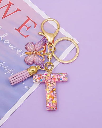 Fashion Alphabet Initial Letter Keychain Tassel Butterfly Pendant Key Ring for Purse Handbags Women Girl