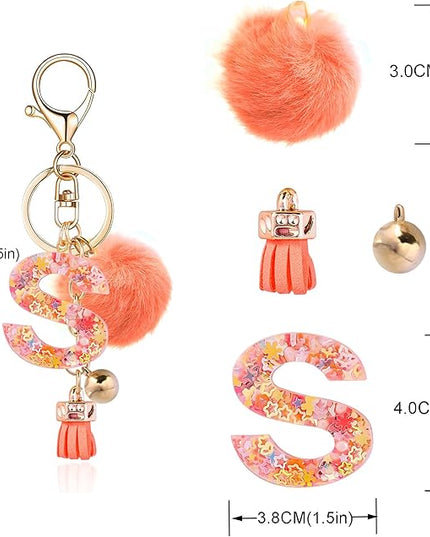 Resin Alphabet Initial Letter Keychain Keyring for Women Purse Handbags With Fur Ball Pom
