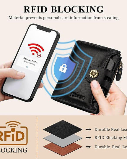 Blucoay Wallet Women,RFID Blocking Leather Womens Wallet Bifold Compact Card Holder Small Wallet for Women with Removable ID Window Black