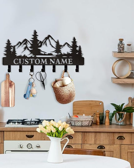 Dyoart Personalized Custom Mountain Theme Key Holder with Name, Metal Wall Mount, Coat Rack, Key Hooks, Home Decor Gift