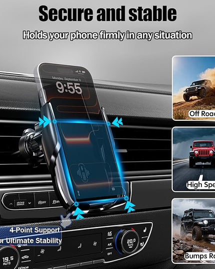 15W Fast Wireless Car Charger, Auto-Clamping Black Car Phone Holder with Strong Suction Cup,360°Adjustable Dashboard/Windshield Mount for iPhone17-11&Samsung S Series Essential Car Accessories