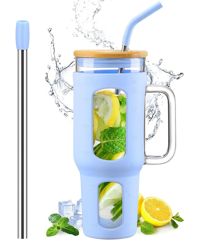 Glass Tumbler with Lid and Straw, 46 oz Iced Coffee Cup with Handle, Large Water Bottles with Silicone Sleeve, Glass Cup with Straws - Pearl Straw & Drinking Straw BPA Free-Glacier