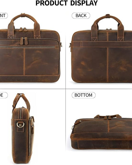 Jack&Chris Full Grain Leather Briefcase for Men, Business Messenger Bag Laptop Bag Attache Case, Fits 15.6 Inch Laptop