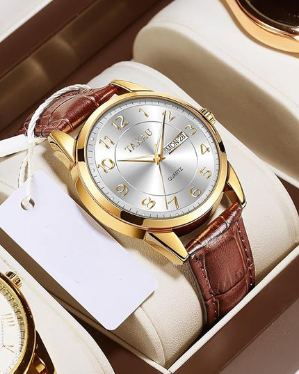 Men Dress Watch Waterproof Leather Watches for Men with Day Date Luxury Large Arabic Numerals Analog Quartz Classic Leather Watch Easy Read relojes para Hombres